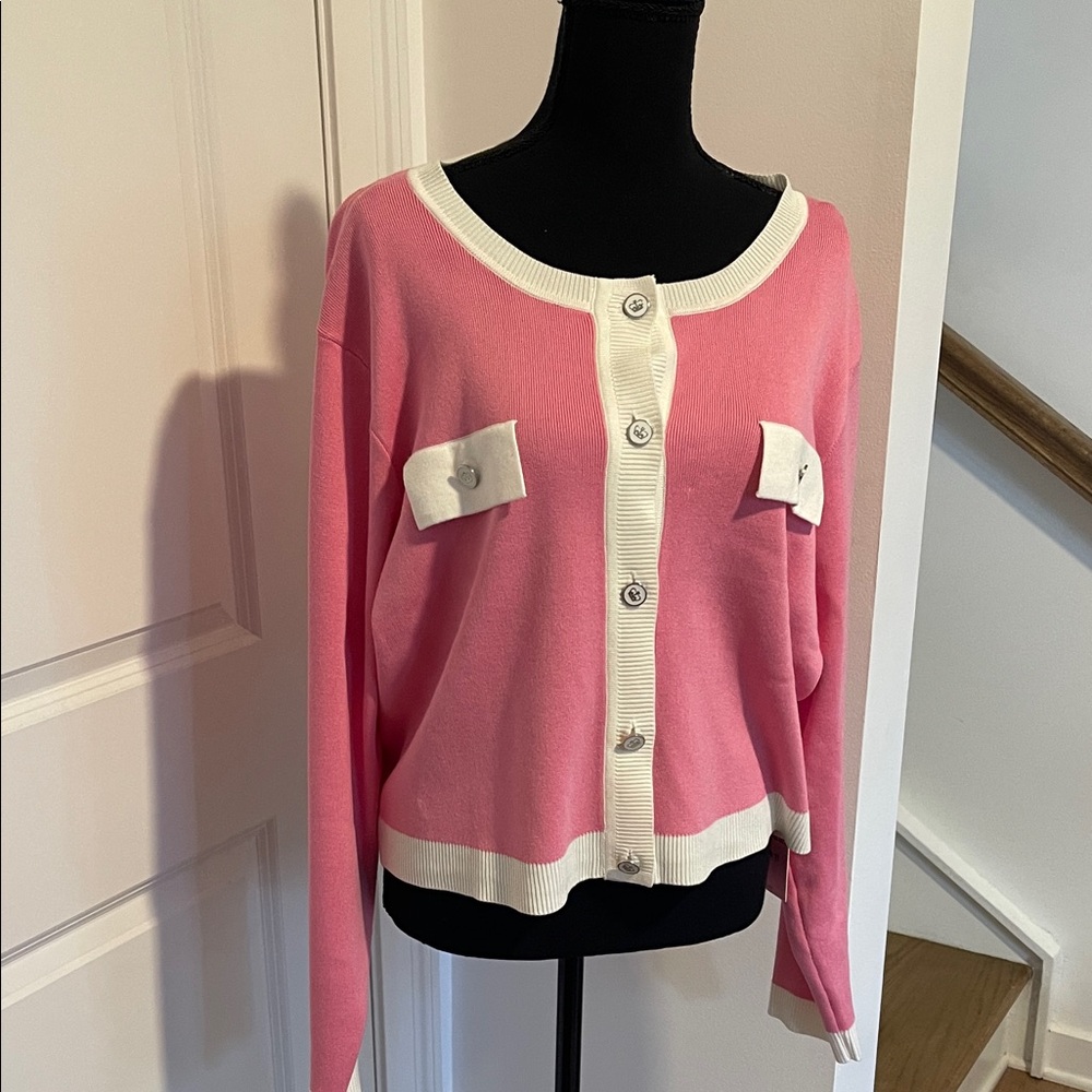 Pink and White Women's Sweater